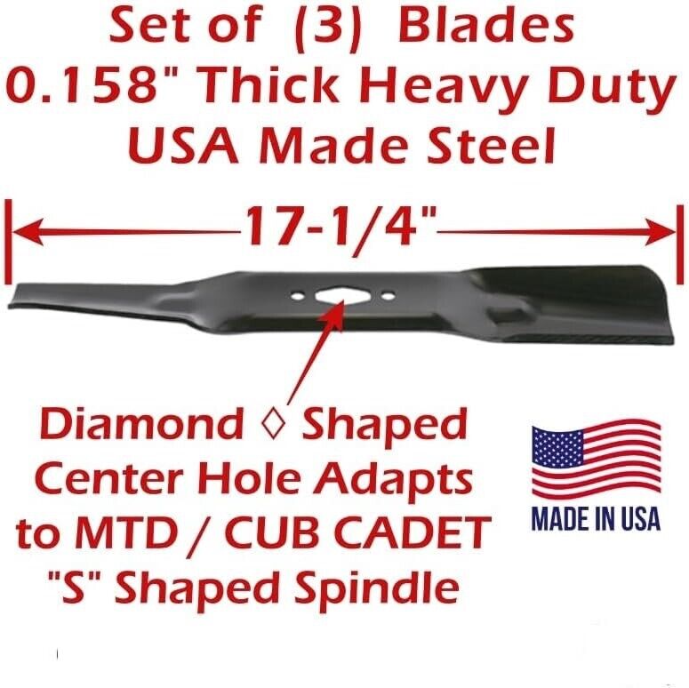 Set of (3) Mower Blades for 50" MTD - Cub Cadet 742P05094-L / 742-05094, Diamond Hole Fits S Shaped Spindle Shaft